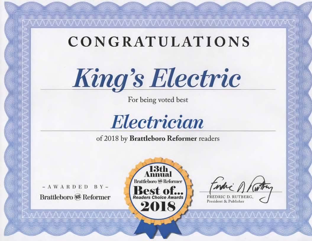 Voted Best Electrician of 2018 by Brattleboro Reformer Readers